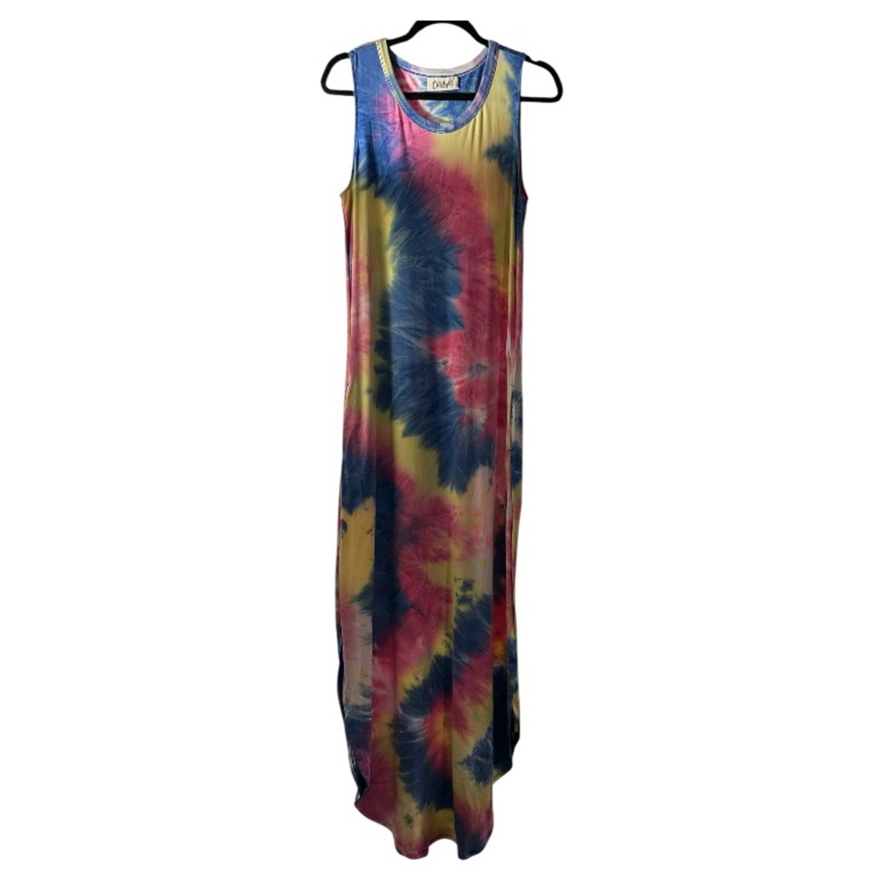 Born to Be Wild Tie Dye Sleeveless Stretchy Maxi Tank Dress Pockets Beach Boho M